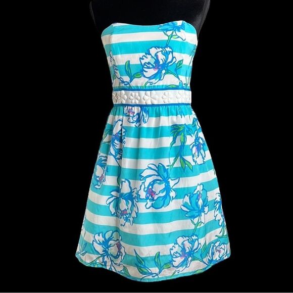 Lilly Pulitzer | Shorely Blue Tossing The Line Strapless Dress | Size 4 - Picture 1 of 12